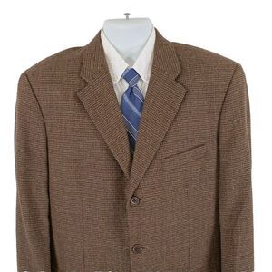 Talbots Men Brown Tan Gray Check Tweed Wool 3‎ Button Sport Coat 42R